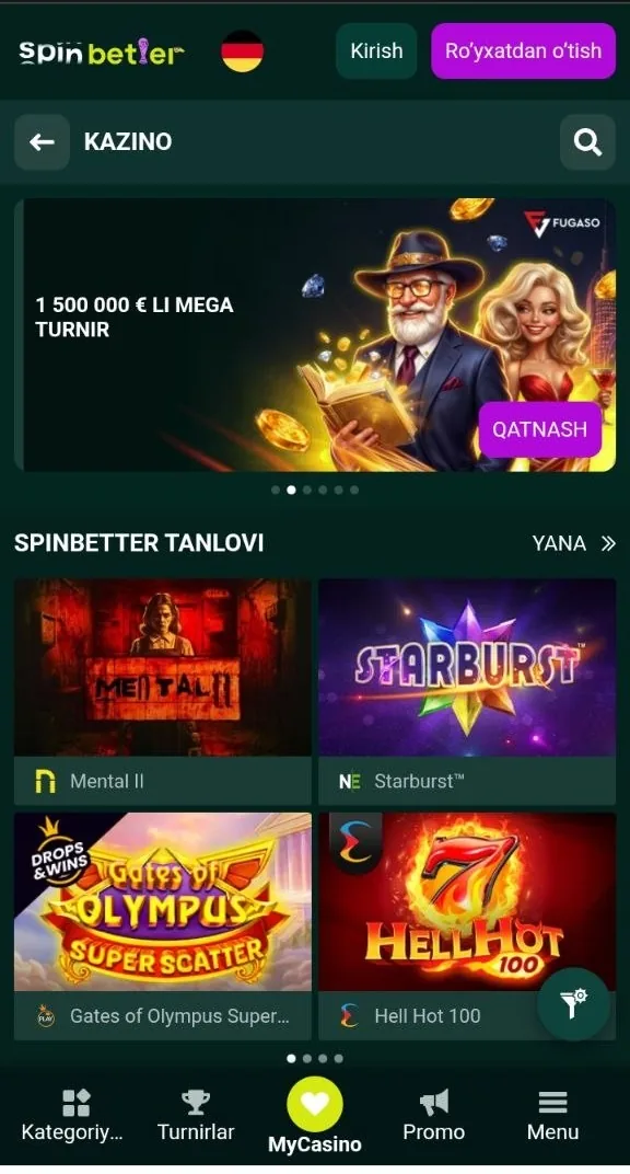 SpinBetter casino bosh sahifasi va oʻyin katalogi