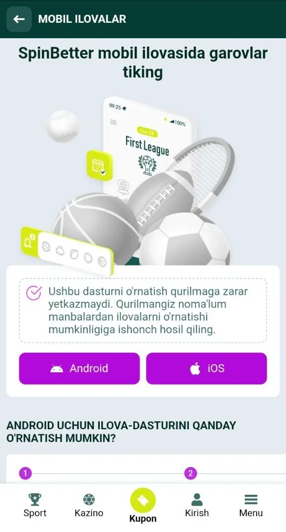 SpinBetter yuklab olish sahifasi va APK fayli