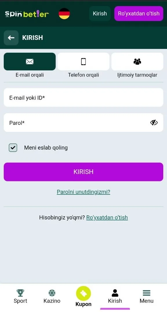 SpinBetter login oynasi va hisobga kirish maydonlari
