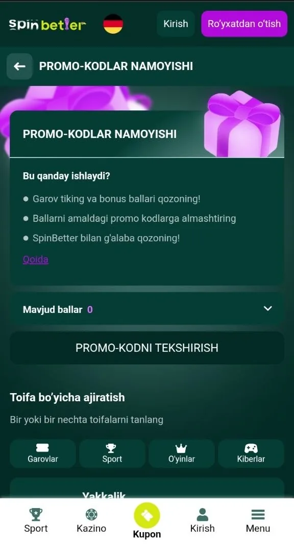 SpinBetter promokodi uchun anketadagi maxsus maydon