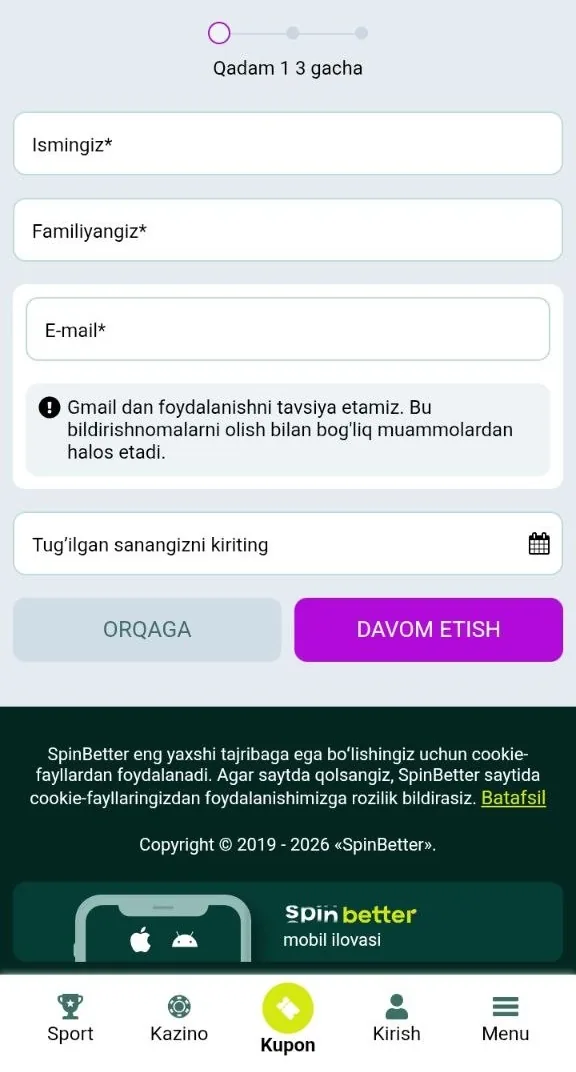 SpinBetter roʻyxatdan oʻtish anketasi va valyuta tanlovi